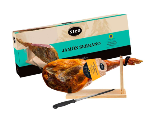 NICO Serrano Jamon bonein Montesano Serrano đùi sau có xương (6-7KG) Hộp + Dao + Kệ (muối dưới 12 tháng)